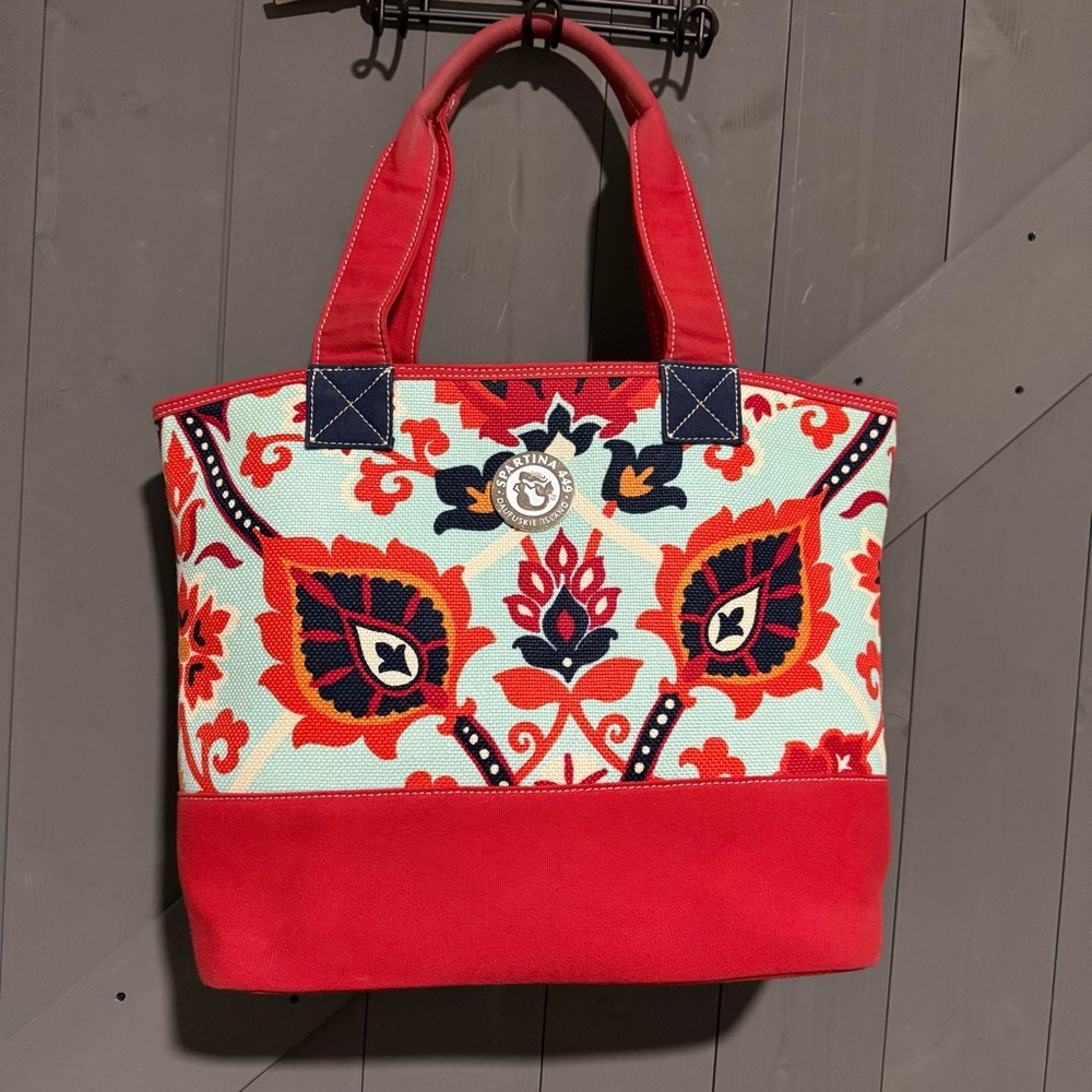Spartina 449 Floral Tote Bag Red Trim Shoulder Bag Daufuskie Island Logo